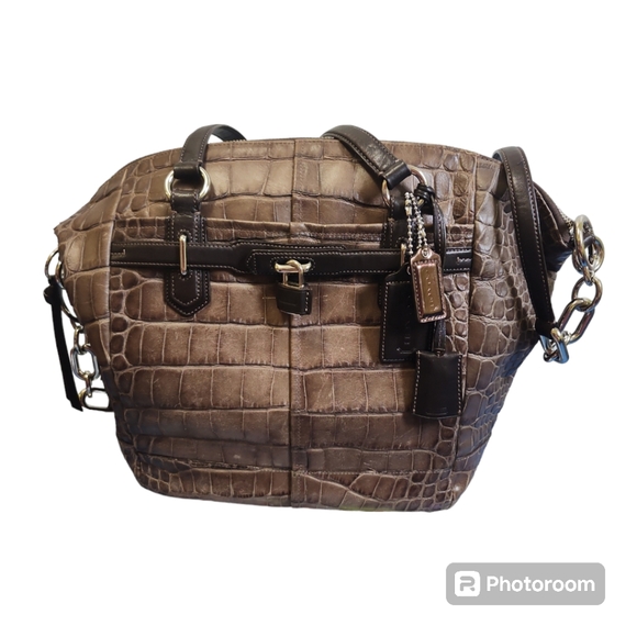 Coach Chelsea Shoukder Bag Chocolate Brown Crocodile Embossed Leather - Picture 1 of 8